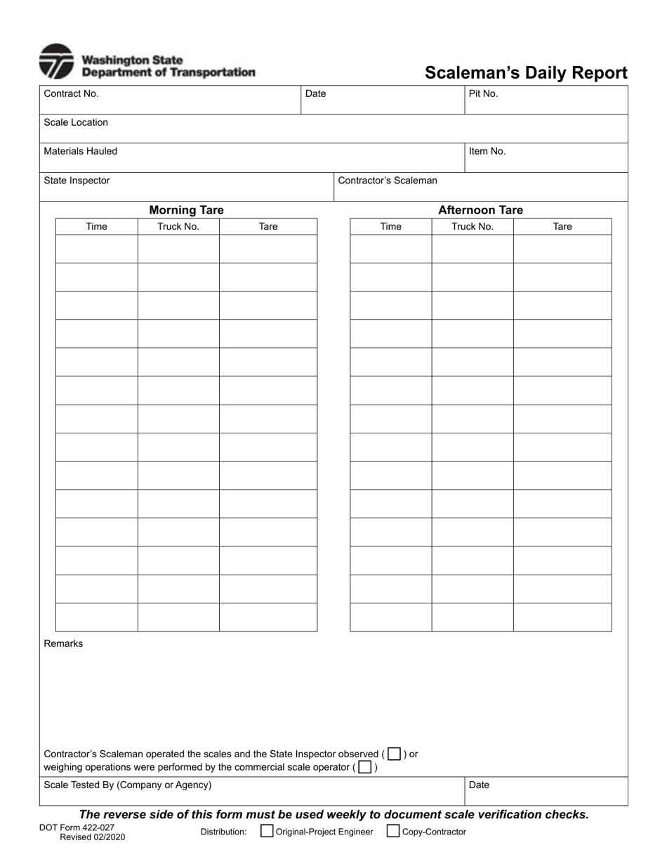 DOT Form 422-027 Scalemans Daily Report - Washington, Page 1