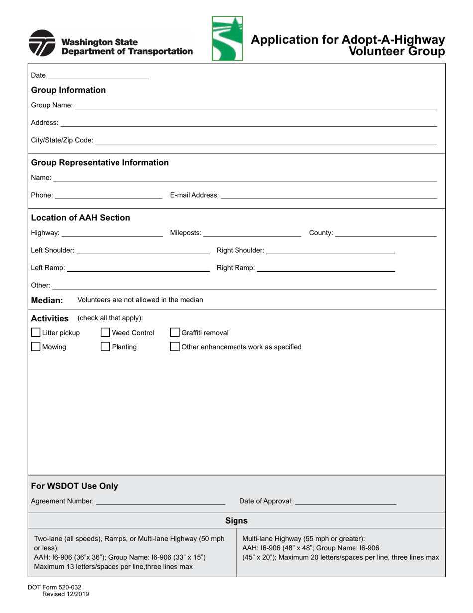 DOT Form 520-032 Application for Adopt-A-highway Volunteer Group - Washington, Page 1