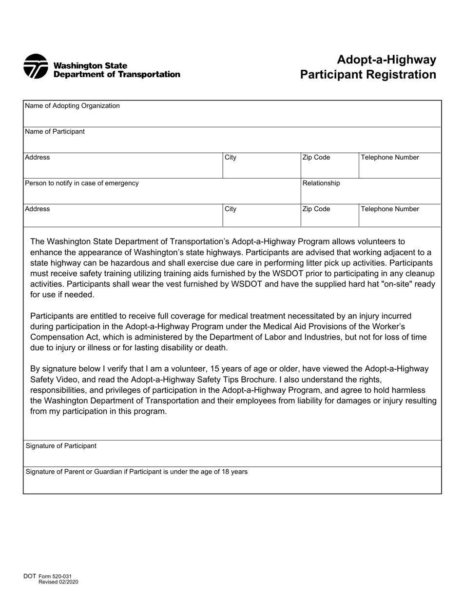 DOT Form 520-031 Adopt-A-highway Participant Registration - Washington, Page 1