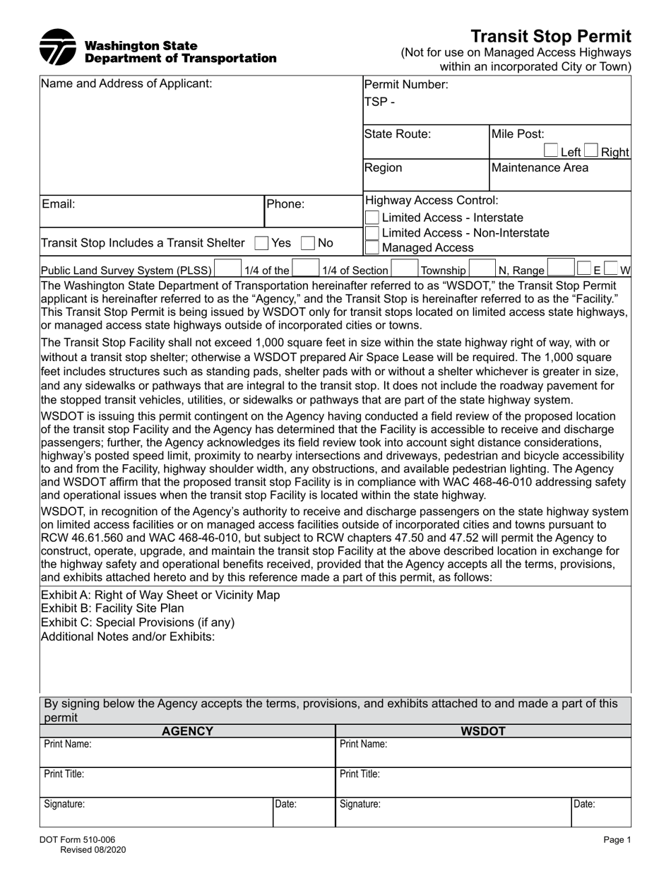 DOT Form 510-006 Transit Stop Permit - Washington, Page 1