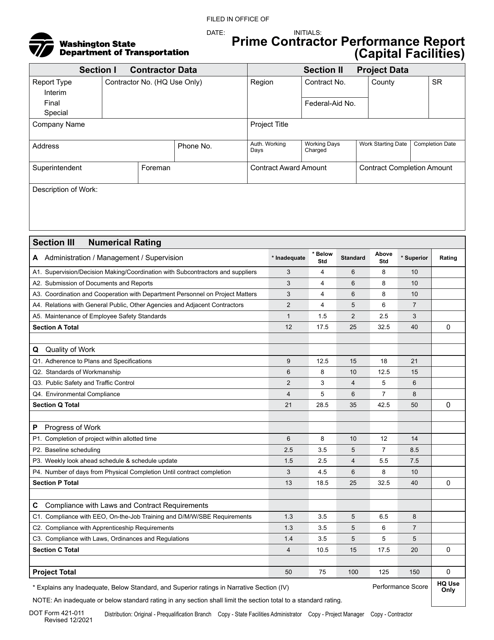 DOT Form 421-011 Prime Contractor Performance Report (Capital Facilities) - Washington