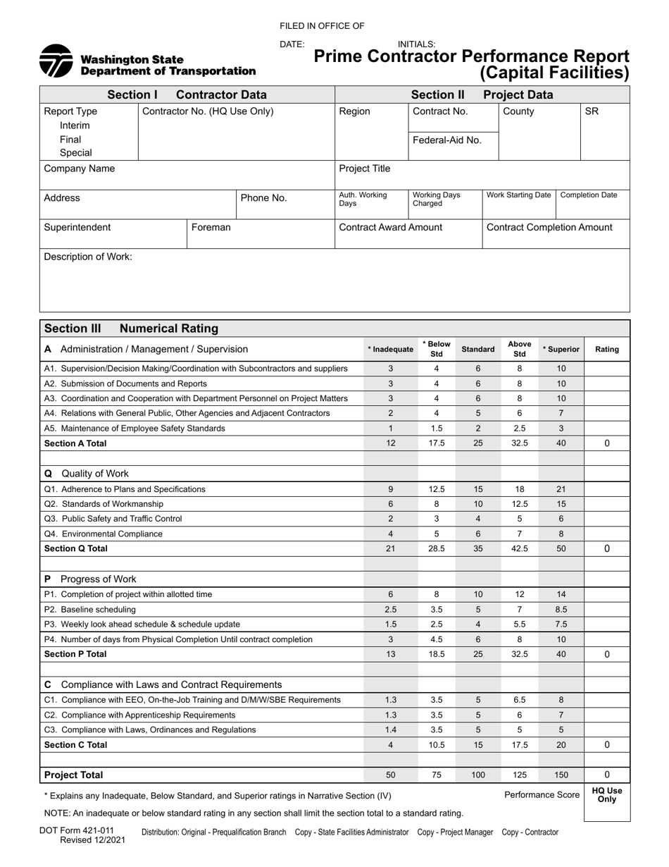 DOT Form 421-011 Prime Contractor Performance Report (Capital Facilities) - Washington, Page 1