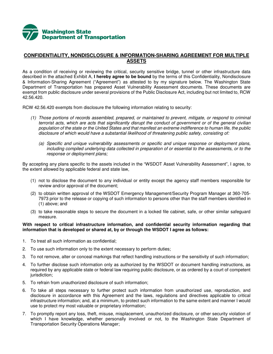 DOT Form 550-021 Confidentiality, Nondisclosure  Information-Sharing Agreement for Multiple Assets - Washington, Page 1