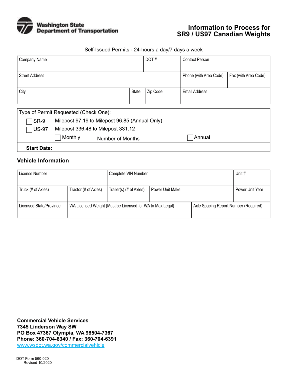 DOT Form 560-020 Information to Process for Sr9 / Us97 Canadian Weights - Washington, Page 1
