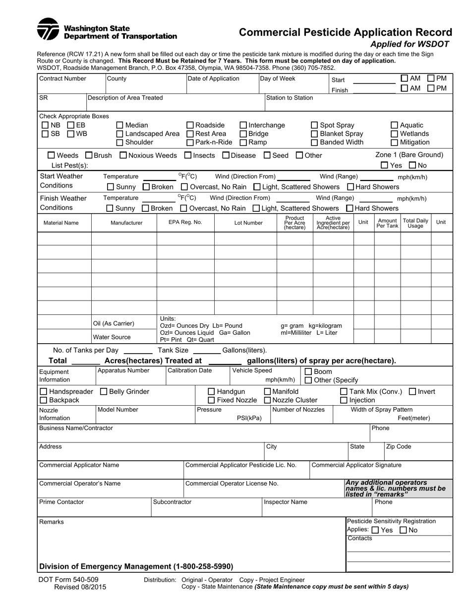 DOT Form 540-509 Commercial Pesticide Application Record - Washington, Page 1