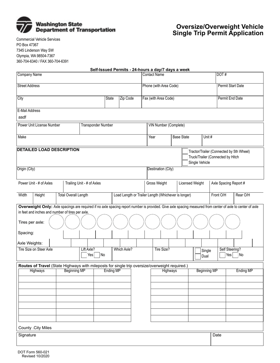 DOT Form 560-021 Oversize / Overweight Vehicle Single Trip Permit Application - Washington, Page 1