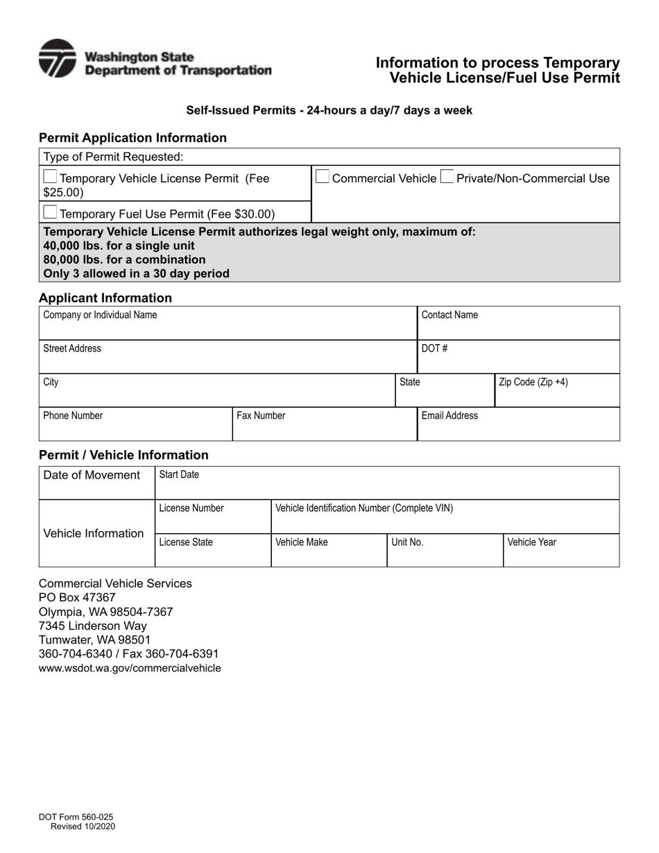 DOT Form 560-025 Information to Process Temporary Vehicle License / Fuel Use Permit - Washington, Page 1