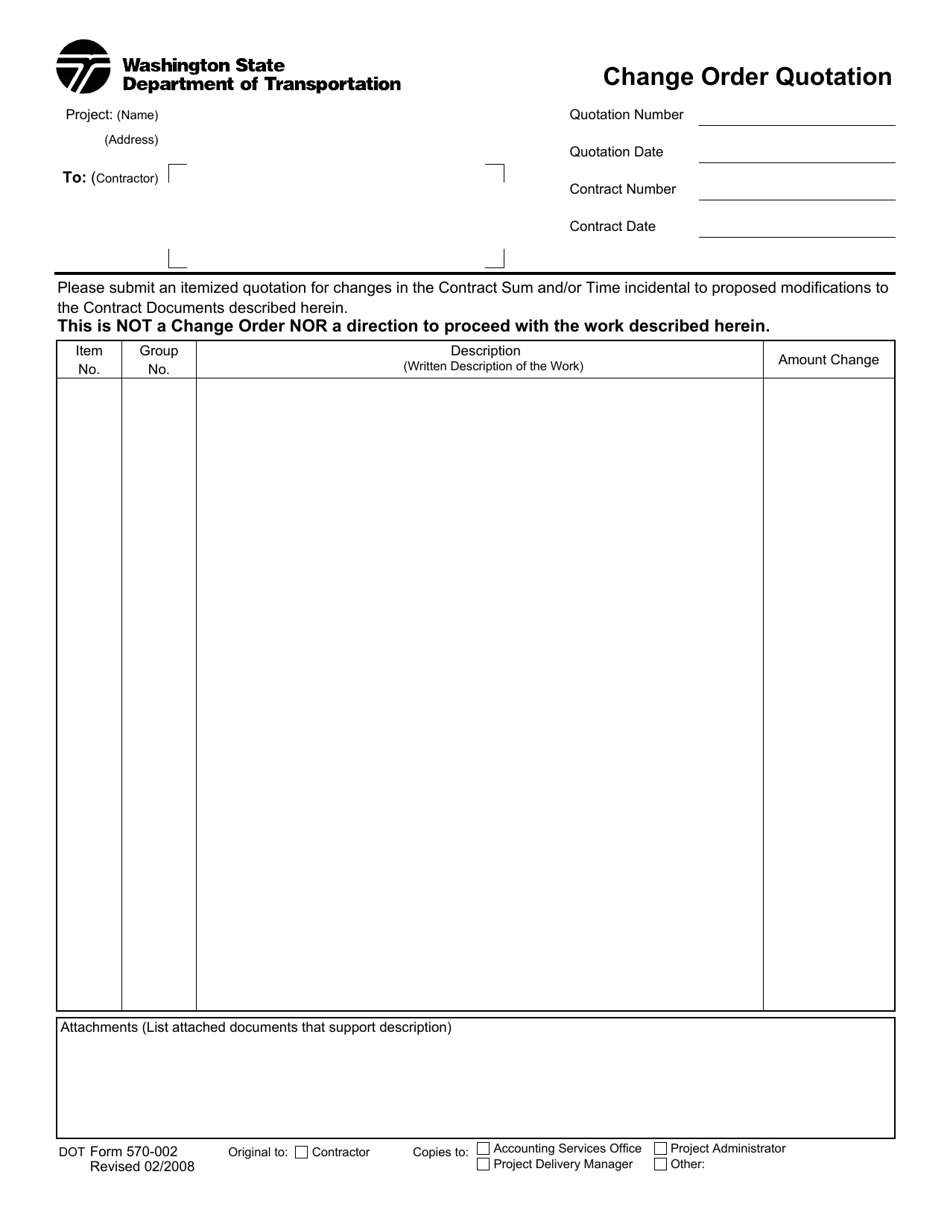 DOT Form 570-002 Change Order Quotation - Washington, Page 1