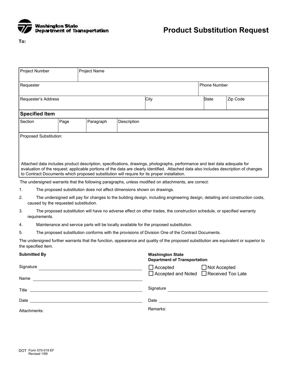 DOT Form 570-019 Product Substitution Request - Washington, Page 1