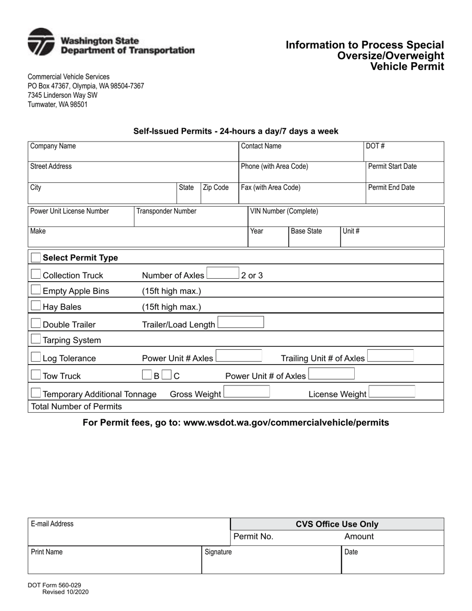 DOT Form 560-029 Information to Process Special Oversize / Overweight Vehicle Permit - Washington, Page 1
