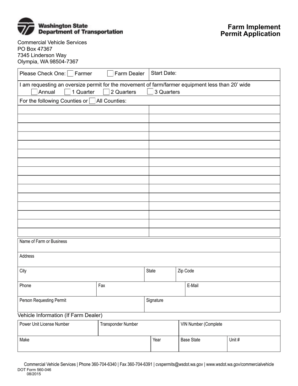 DOT Form 560-046 Farm Implement Permit Application - Washington, Page 1
