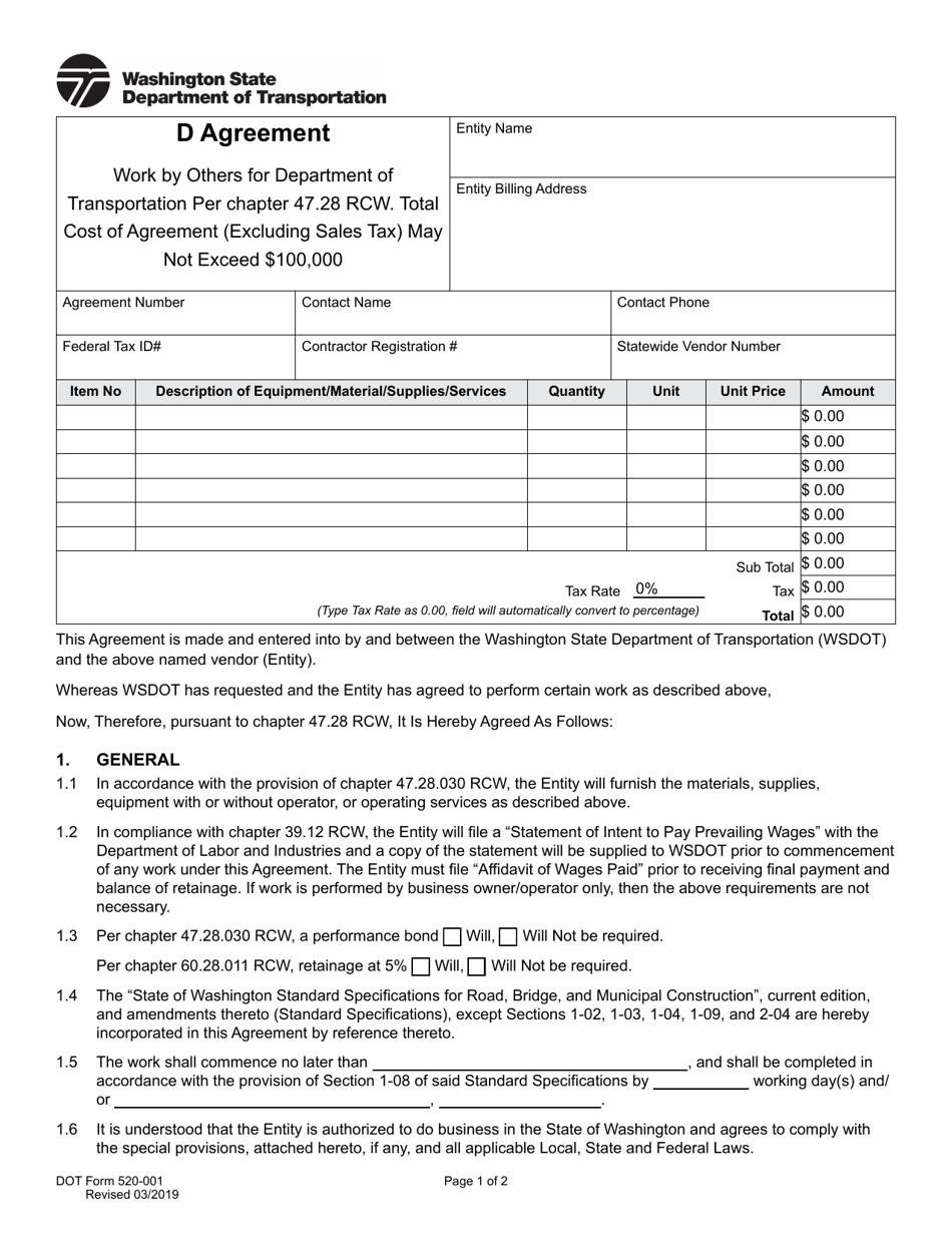 DOT Form 520-001 D Agreement - Work by Others for Department (Not to Exceed $100,000) - Washington, Page 1