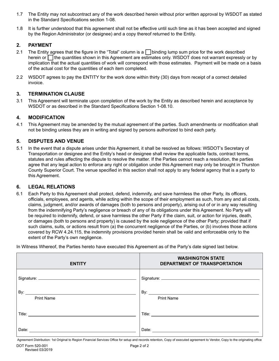 DOT Form 520-001 D Agreement - Work by Others for Department (Not to Exceed $100,000) - Washington, Page 2