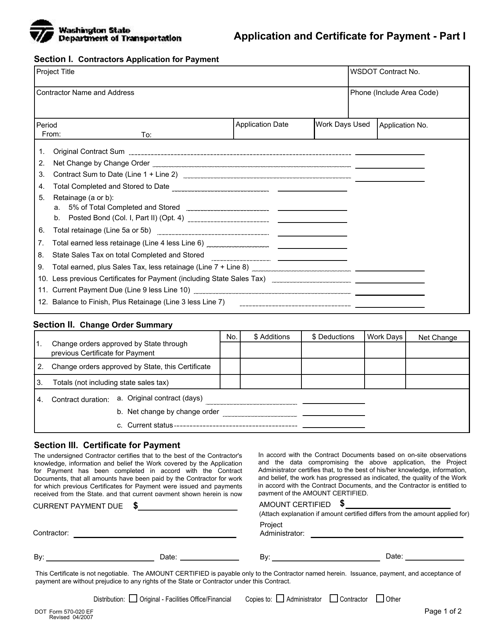 DOT Form 570-020 Part I Application and Certificate for Payment - Washington