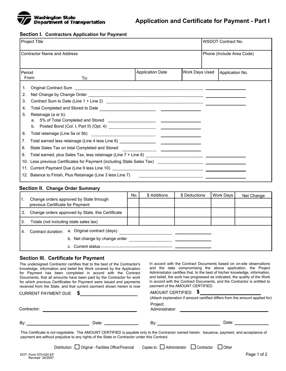 DOT Form 570-020 Part I Application and Certificate for Payment - Washington, Page 1