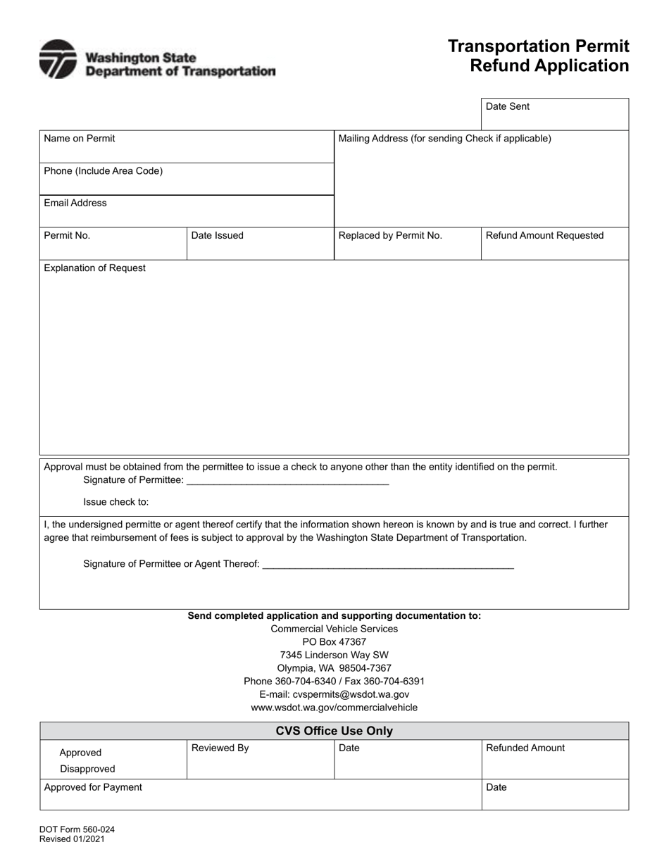 DOT Form 560-024 Transportation Permit Fund Refund Application - Washington, Page 1