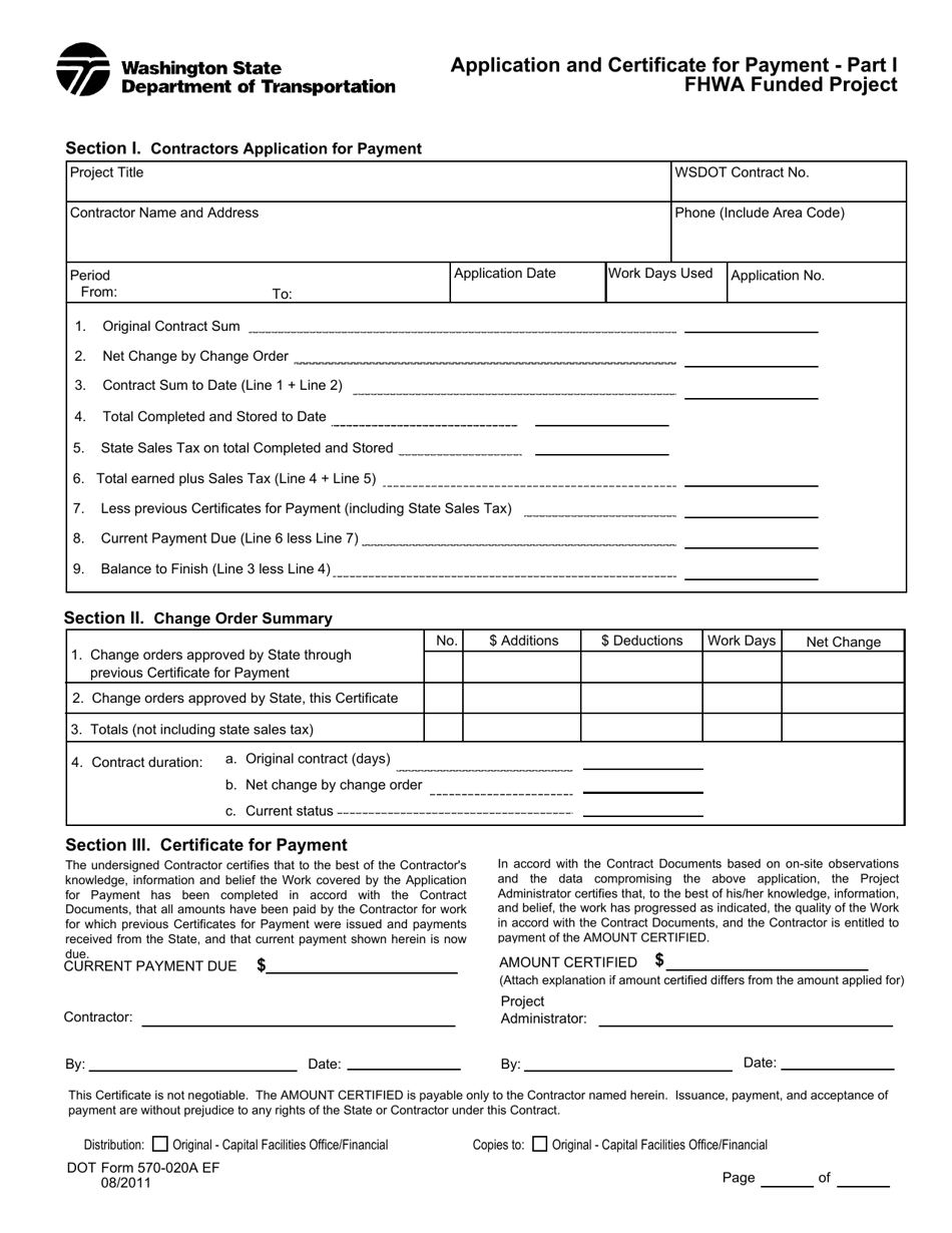 DOT Form 570-020A Part I Application and Certificate for Payment - Fhwa Funded Project - Washington, Page 1