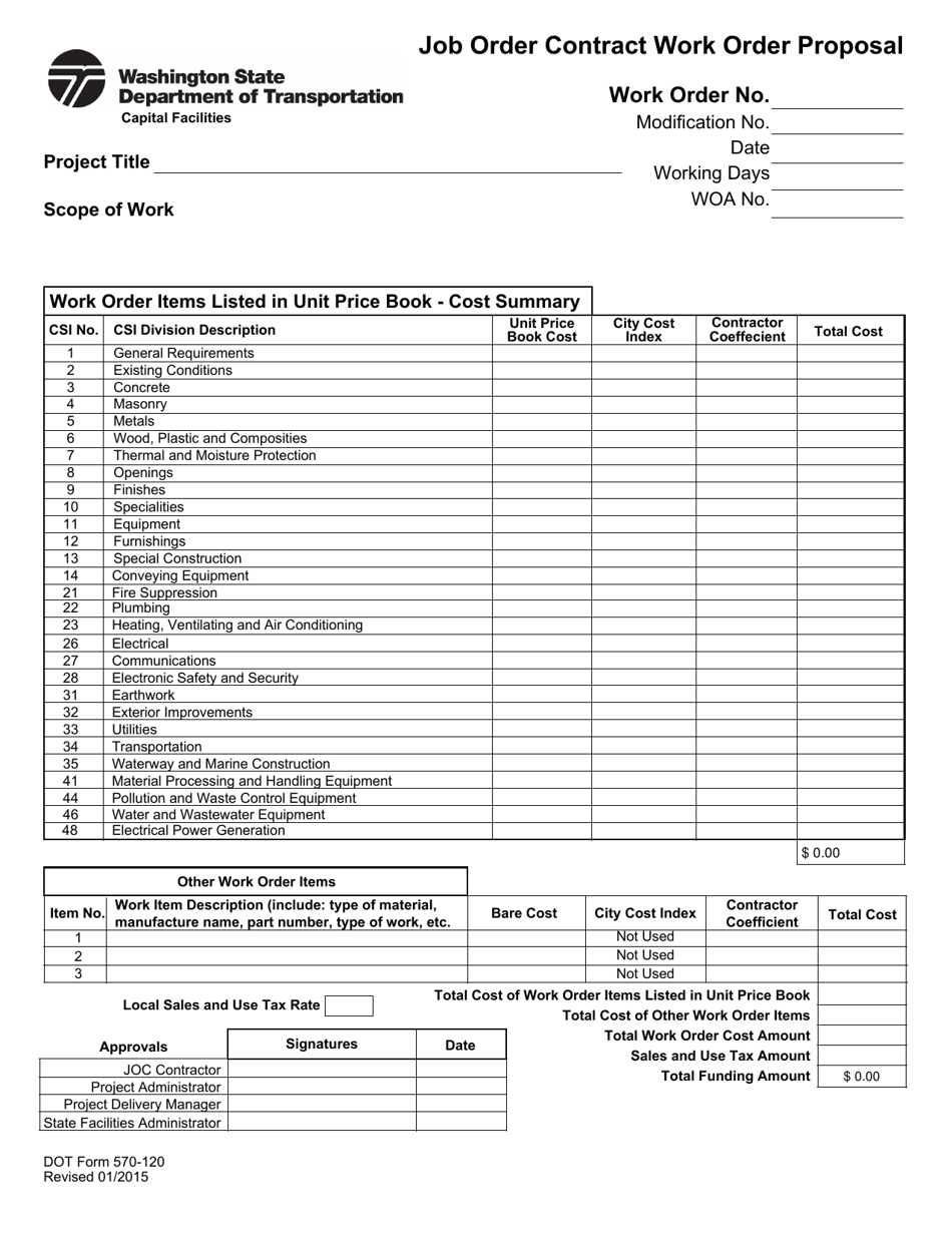 DOT Form 570-120 Job Order Contract Work Order Proposal - Washington, Page 1