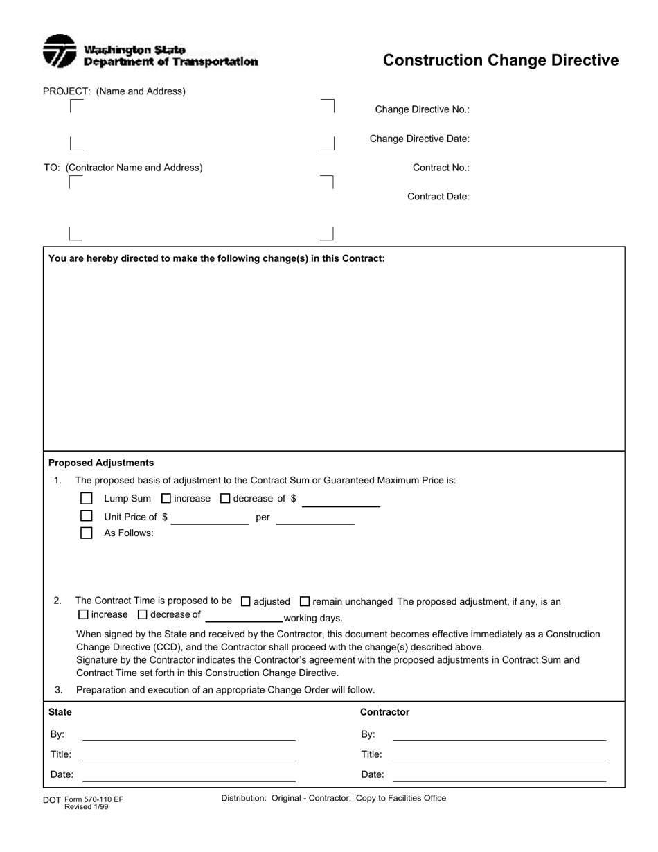 DOT Form 570-110 Construction Change Directive - Washington, Page 1