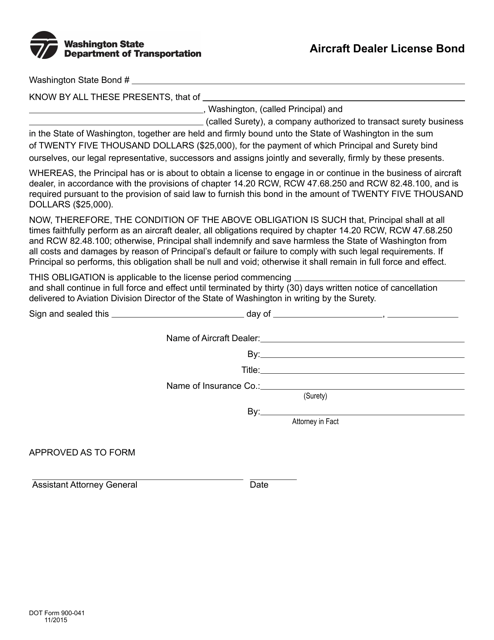 DOT Form 900-041 Aircraft Dealer License Bond - Washington