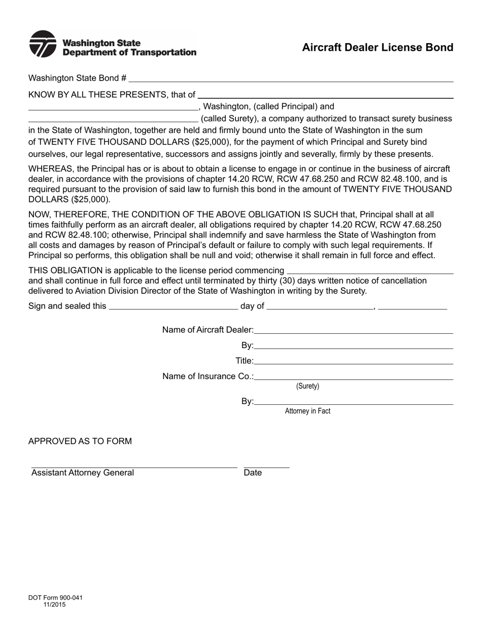 DOT Form 900-041 Aircraft Dealer License Bond - Washington, Page 1