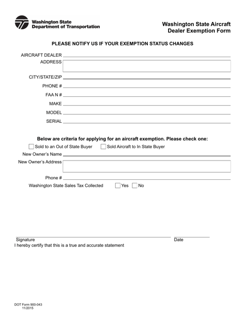 DOT Form 900-043 Washington State Aircraft Dealer Exemption Form - Washington
