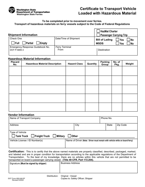DOT Form 690-049 Certificate to Transfer Vehicle Loaded With Hazardous Material - Washington