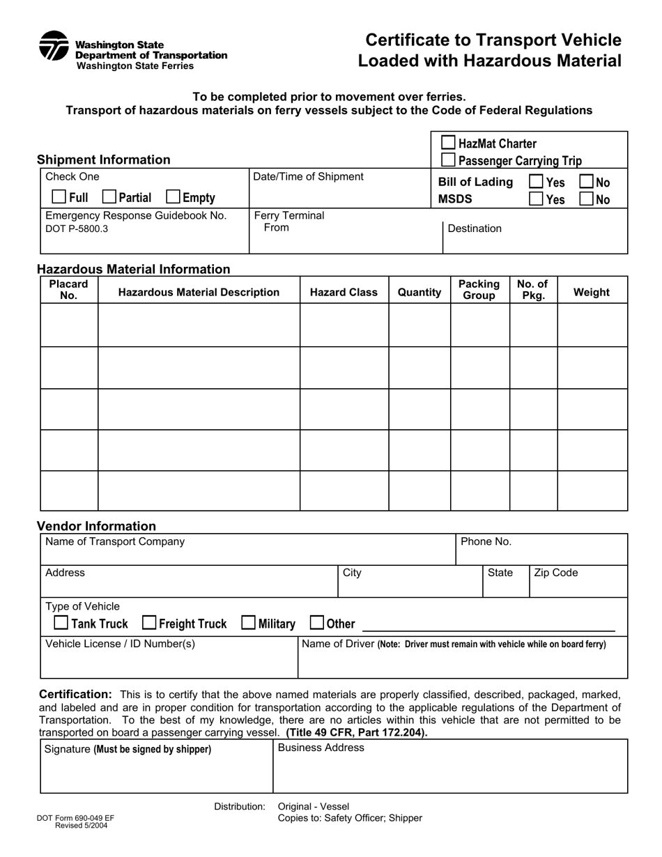 DOT Form 690-049 Certificate to Transfer Vehicle Loaded With Hazardous Material - Washington, Page 1