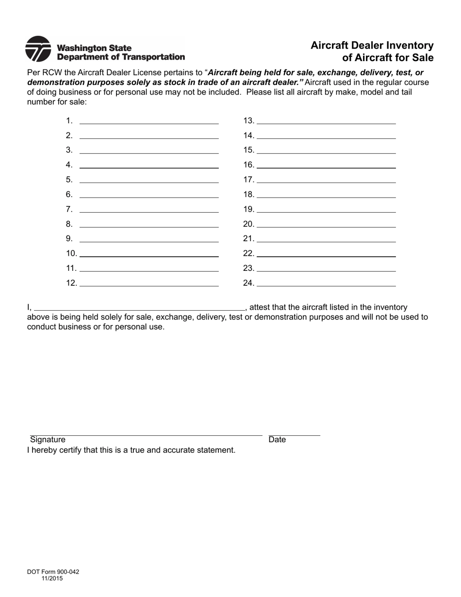 DOT Form 900-042 Aircraft Dealer Inventory of Aircraft for Sale - Washington, Page 1