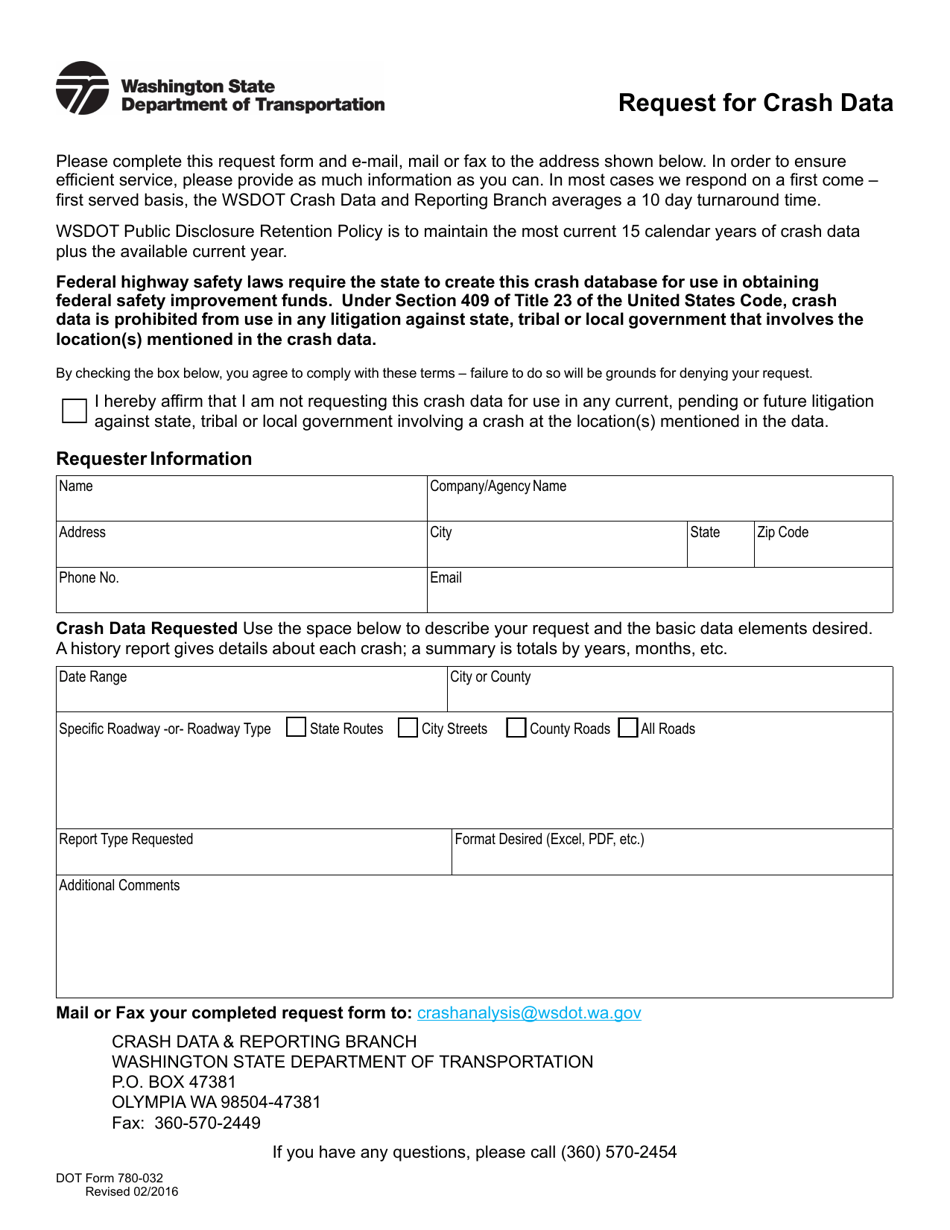 DOT Form 780-032 Request for Crash Data - Washington, Page 1