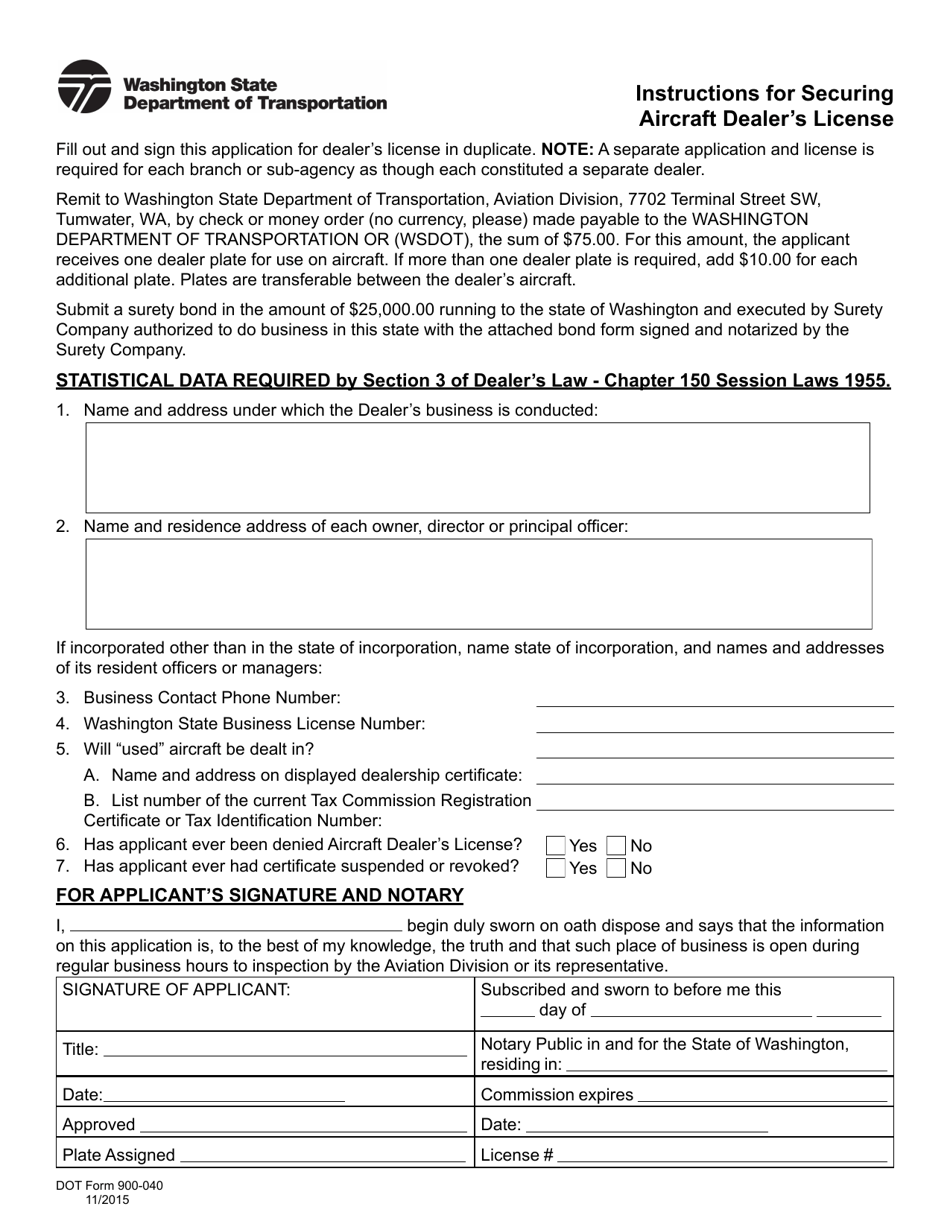 DOT Form 900-040 Instructions for Securing Aircraft Dealers License - Washington, Page 1