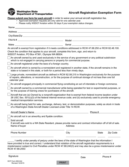 DOT Form 900-044 Aircraft Registration Exemption Form - Washington