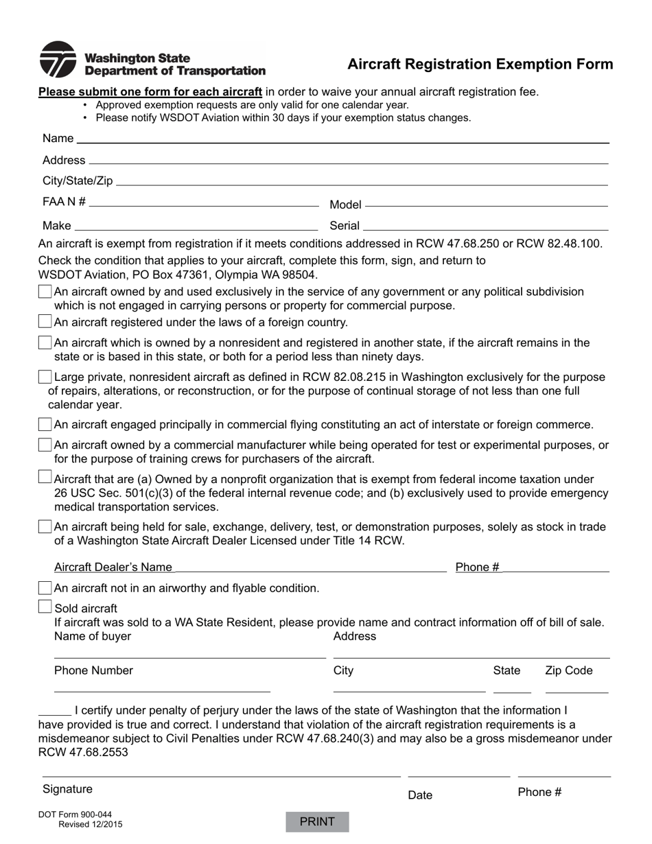 DOT Form 900-044 Aircraft Registration Exemption Form - Washington, Page 1