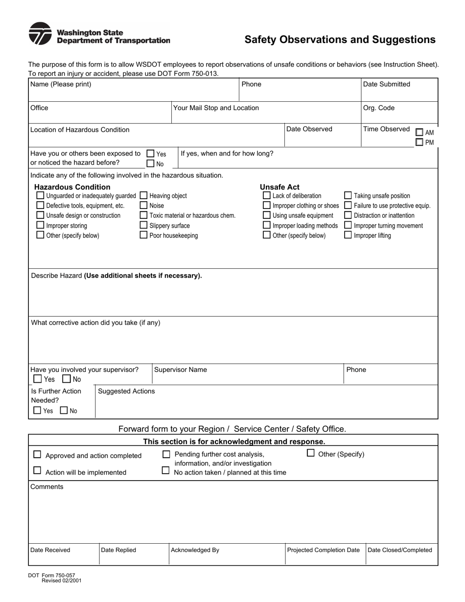 DOT Form 750-057 Safety Observations and Suggestions - Washington, Page 1
