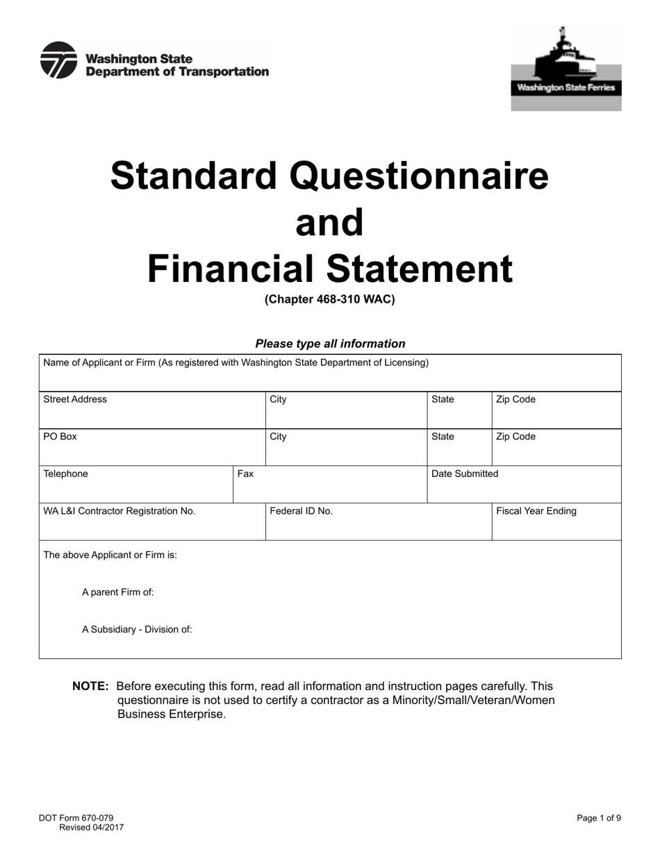 DOT Form 670-079 Standard Questionnaire and Financial Statement - Washington, Page 1