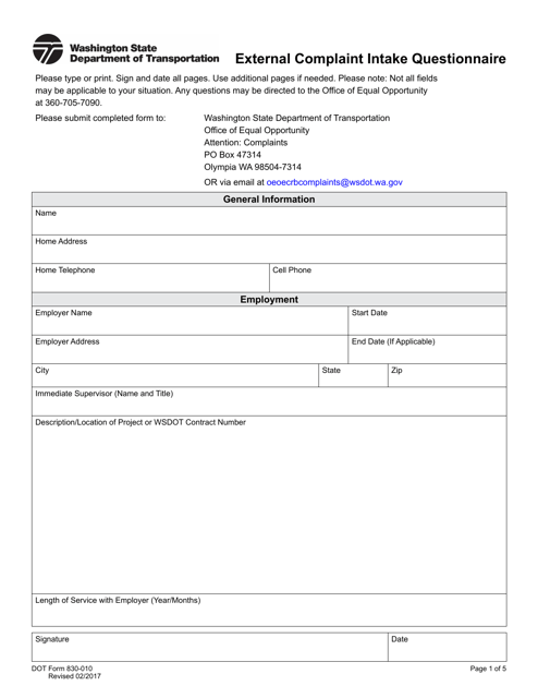 DOT Form 830-010  Printable Pdf