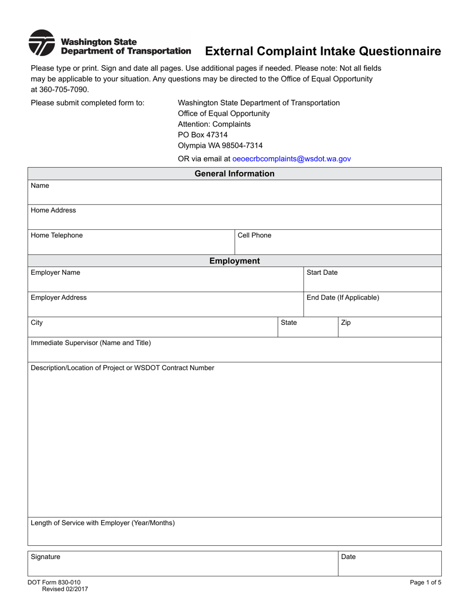 DOT Form 830-010 External Complaint Intake Questionnaire - Washington, Page 1