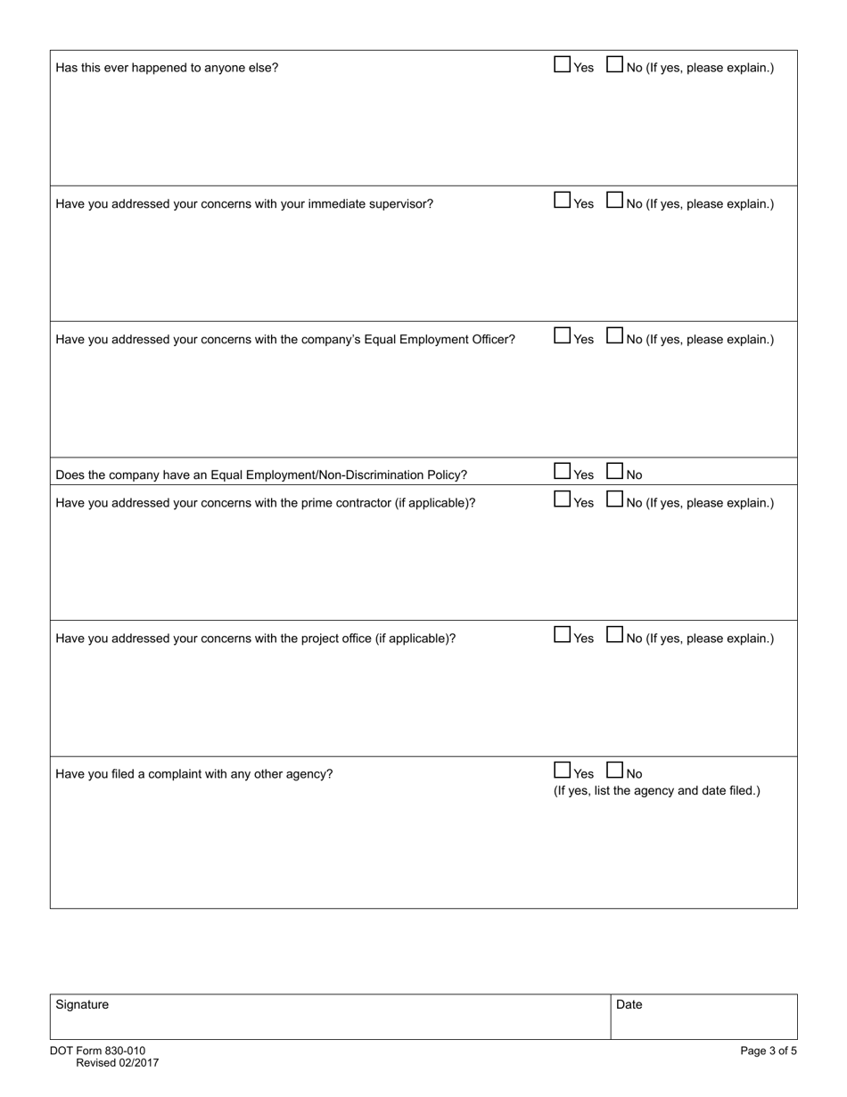 DOT Form 830-010 External Complaint Intake Questionnaire - Washington, Page 3
