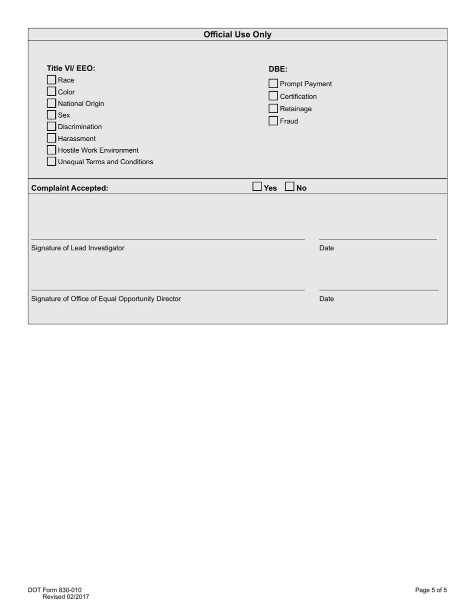 DOT Form 830-010 External Complaint Intake Questionnaire - Washington, Page 5