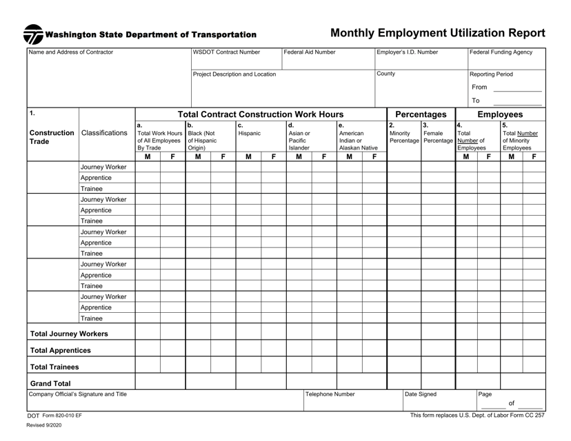 DOT Form 820-010 Monthly Employment Utilization Report - Washington