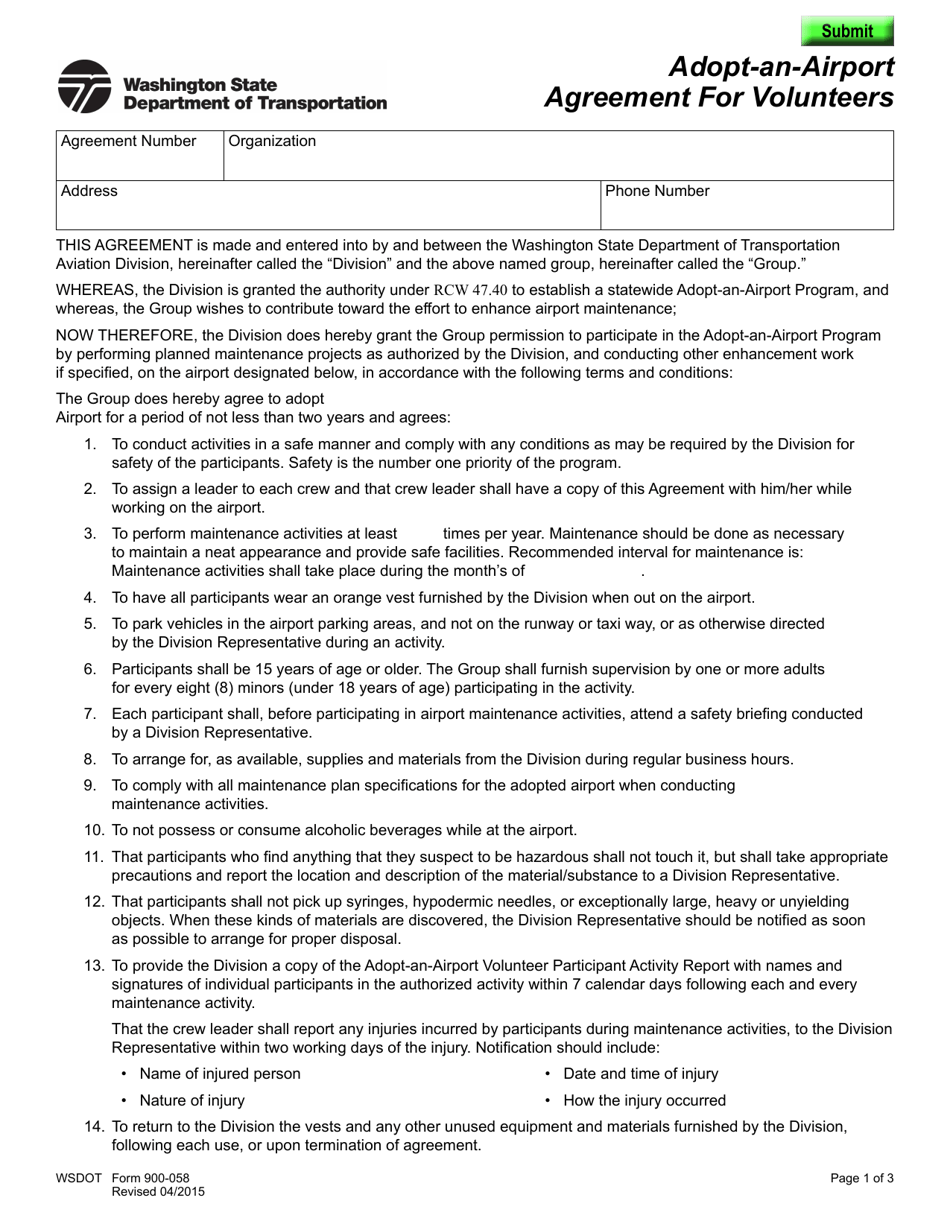 DOT Form 900-058 Adopt-An-airport Agreement for Volunteers - Washington, Page 1