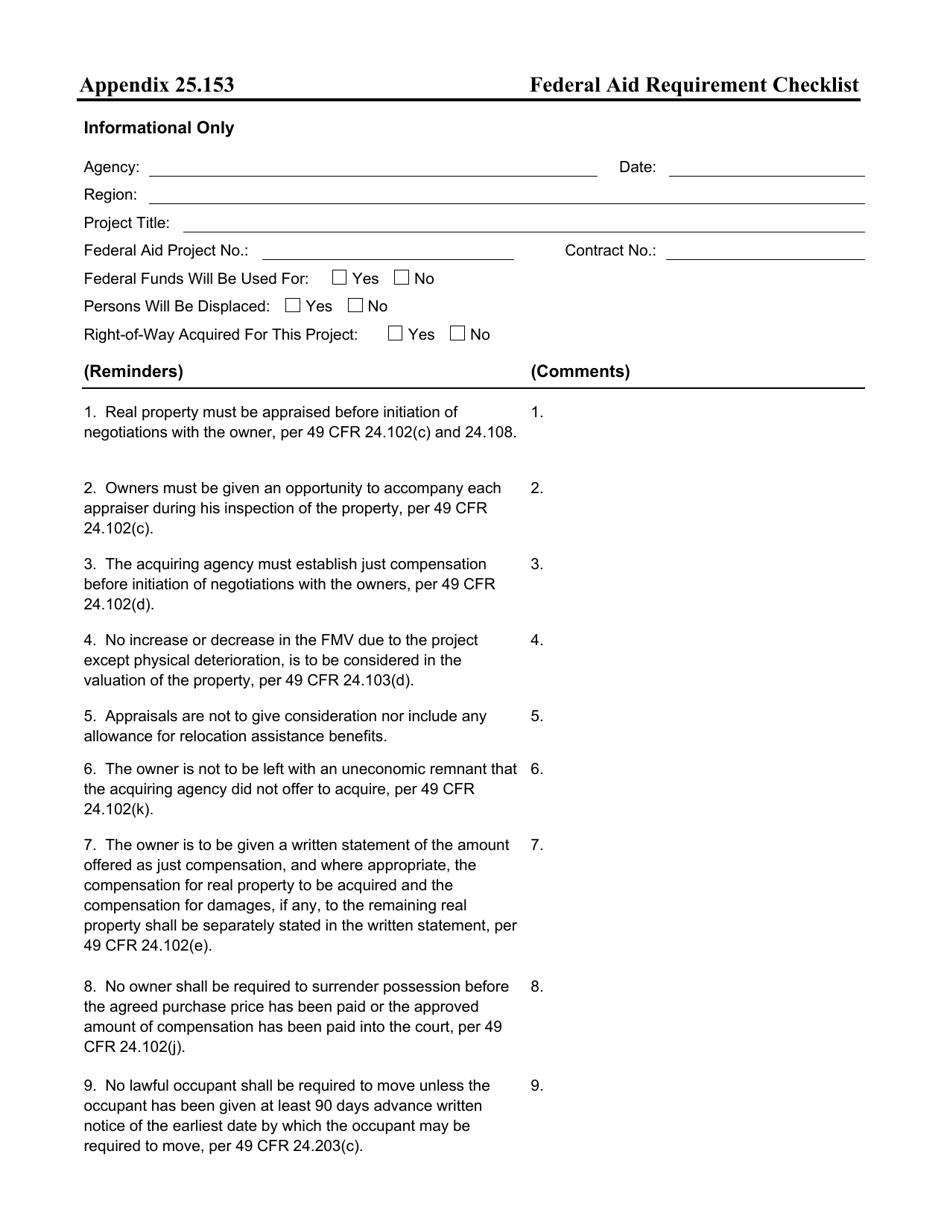 Appendix 25.153 Federal Aid Requirement Checklist - Washington, Page 1