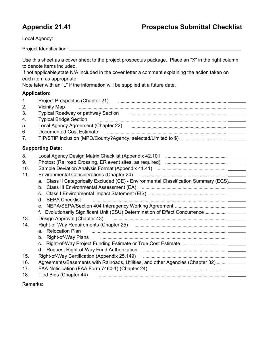 Appendix 21.41 Prospectus Submittal Checklist - Washington, Page 1