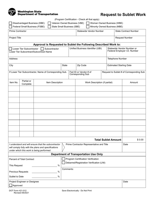 DOT Form 421-012  Printable Pdf