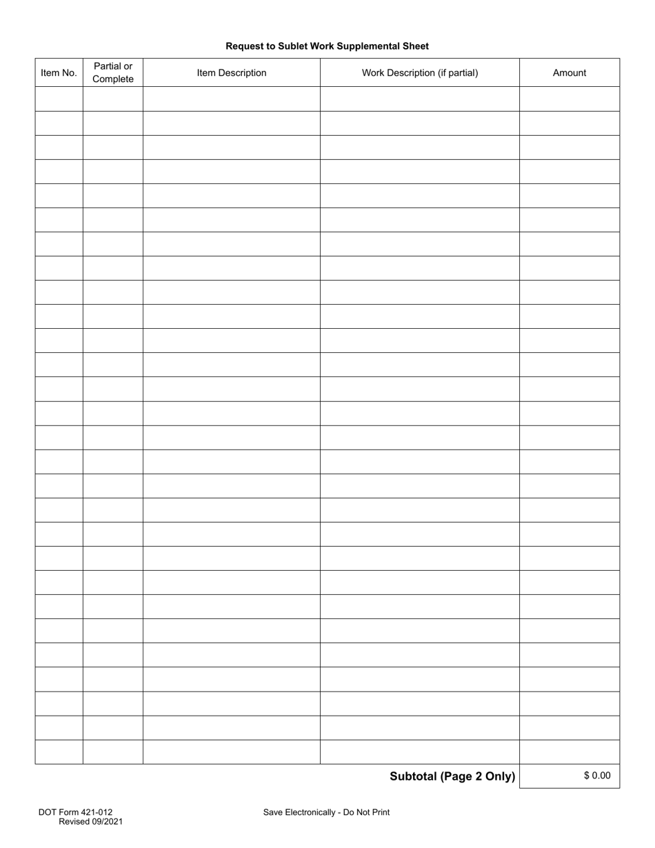DOT Form 421-012 Request to Sublet Work - Washington, Page 2