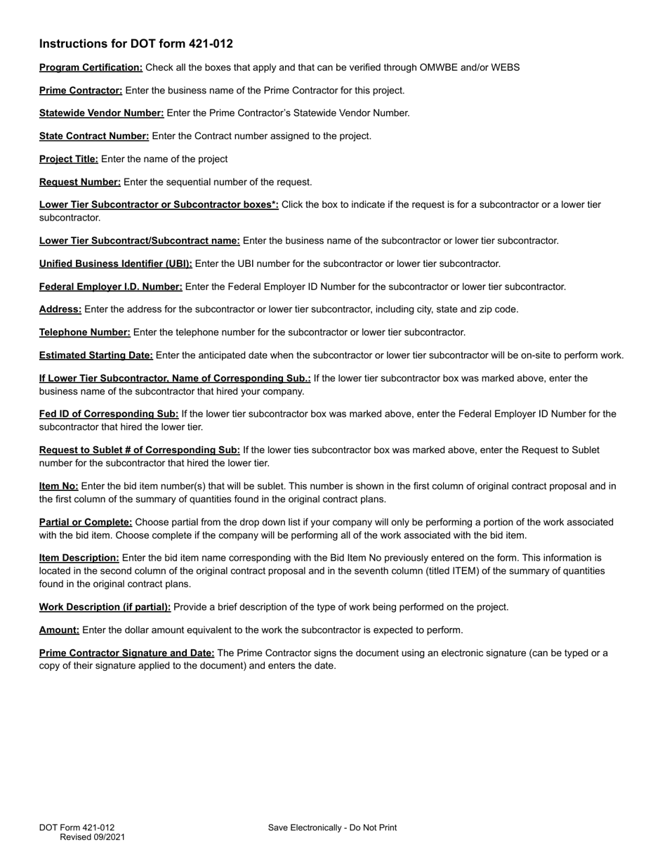 DOT Form 421-012 Request to Sublet Work - Washington, Page 3