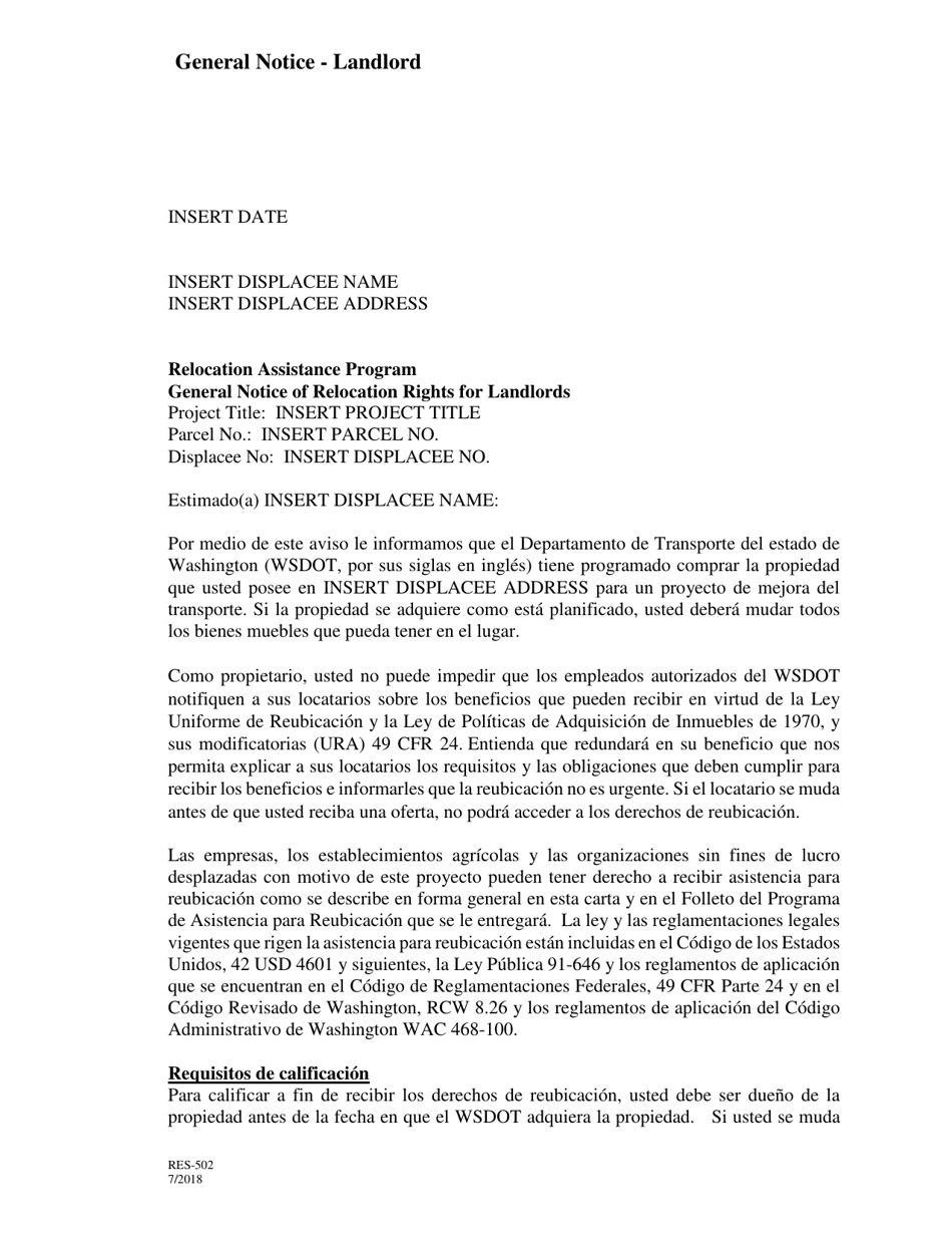 Formulario RES-502 General Notice of Relocation Rights for Landlords - Washington (Spanish), Page 1