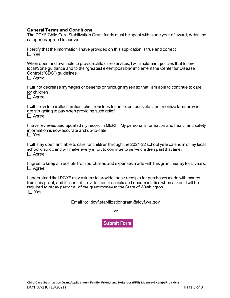 DCYF Form 07-110 Child Care Stabilization Grant Application - Family, Friend, and Neighbor (Ffn) License-Exempt Providers - Washington, Page 3