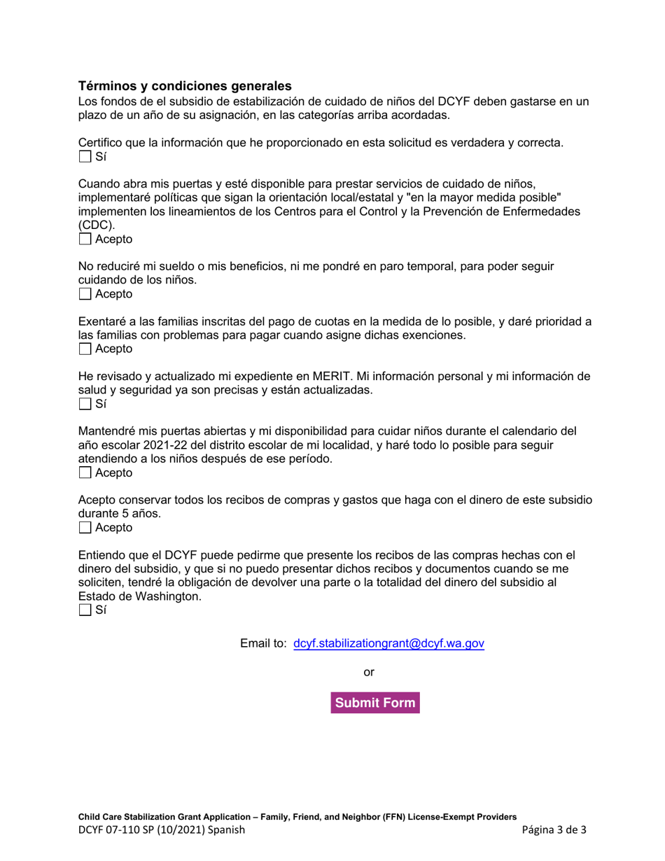 DCYF Formulario 07-110 Solicitud Del Subsidio De Estabilizacion De Cuidado De Ninos - Proveedores Familiares, Amigos Y Vecinos (Ffn) Exentos De Licencia - Washington (Spanish), Page 3