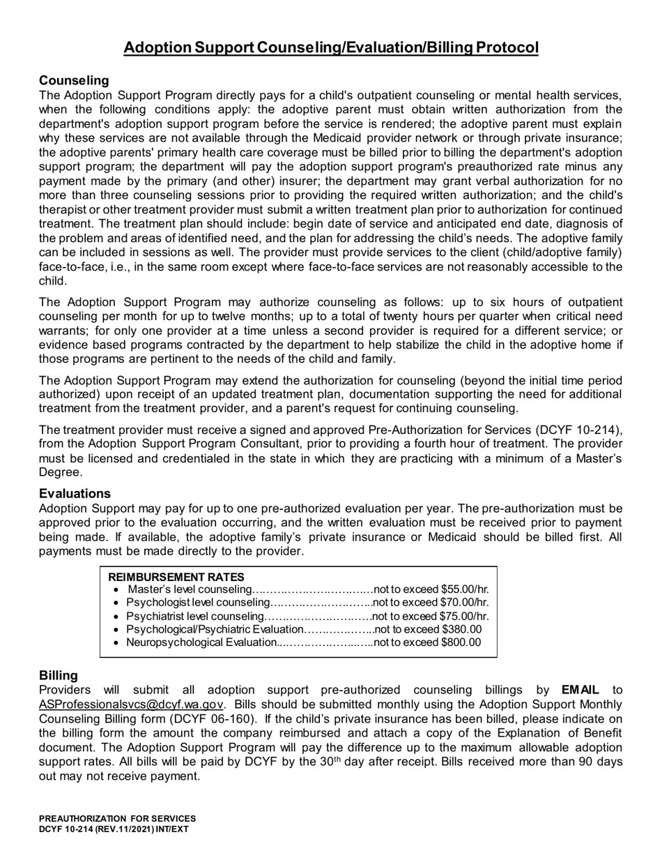 DCYF Form 10-214 Preauthorization for Services - Washington, Page 2